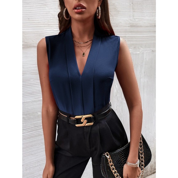 Sleeveless Press Crease Blouse Minimalist Business Casual navy blue - Picture 1 of 11